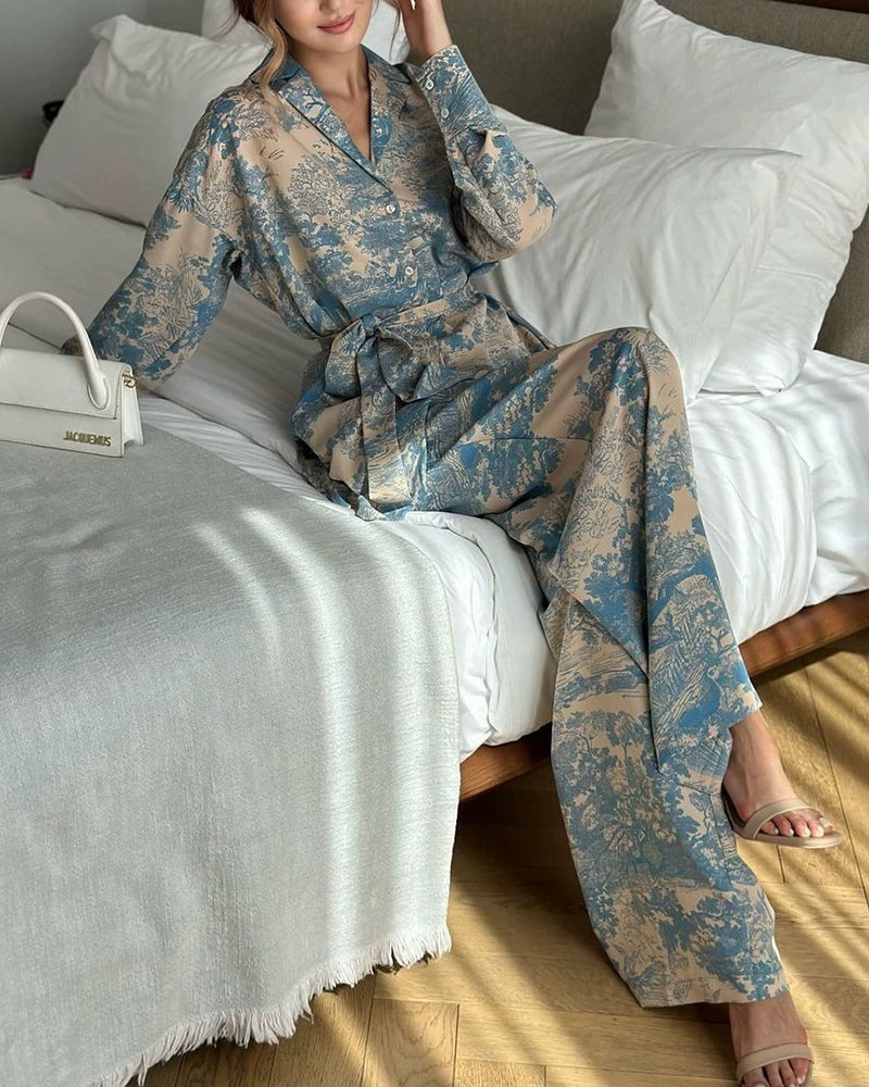 Paloma Blue Lapel Printed Shirt & Wide-Leg Pants Two-Piece Set