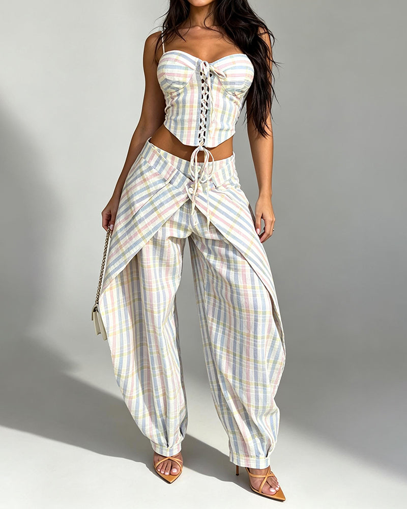 Brielle Colorful Lace-Up Corset Top and Overlay Trousers Two-Piece Set