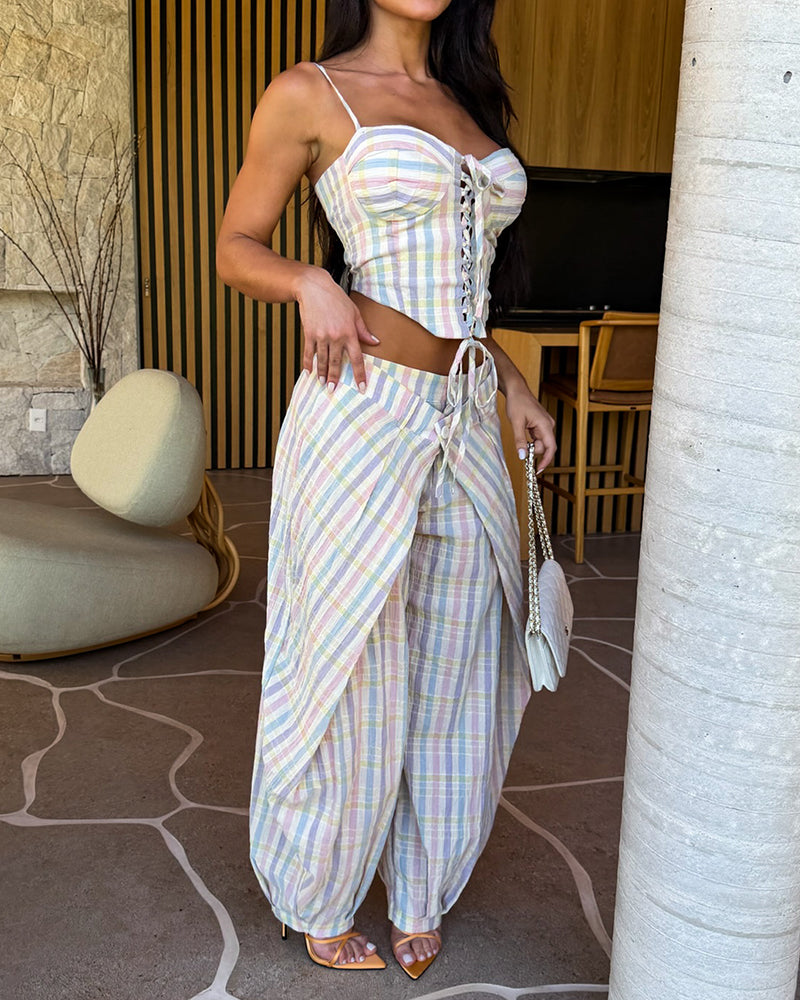 Brielle Colorful Lace-Up Corset Top and Overlay Trousers Two-Piece Set