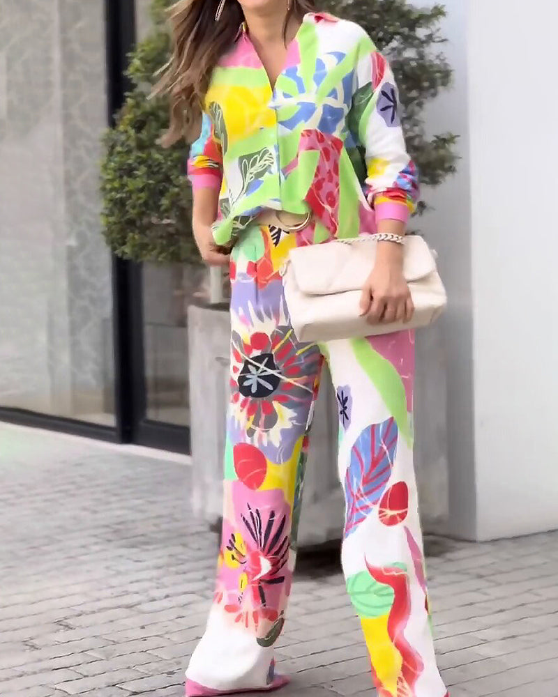 Wren Colorful Vibrant Floral Print Shirt & Wide-Leg Pants Two-Piece Set