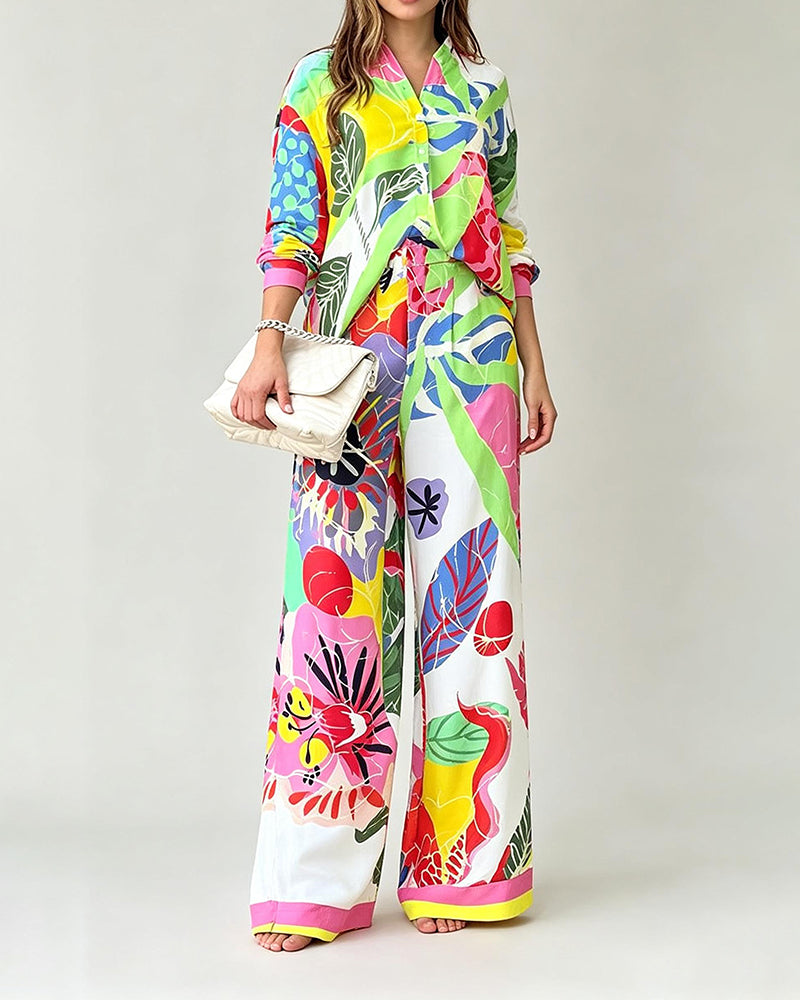 Wren Colorful Vibrant Floral Print Shirt & Wide-Leg Pants Two-Piece Set