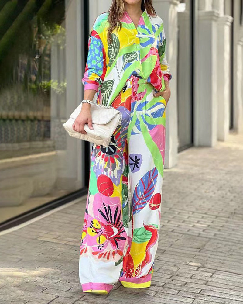 Wren Colorful Vibrant Floral Print Shirt & Wide-Leg Pants Two-Piece Set