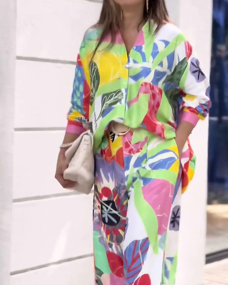 Wren Colorful Vibrant Floral Print Shirt & Wide-Leg Pants Two-Piece Set