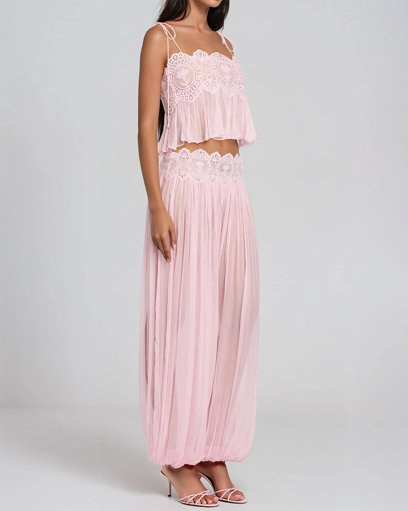 Brooklyn Pink Lace-Trimmed Pleated Cami Top & Harem Pants Set