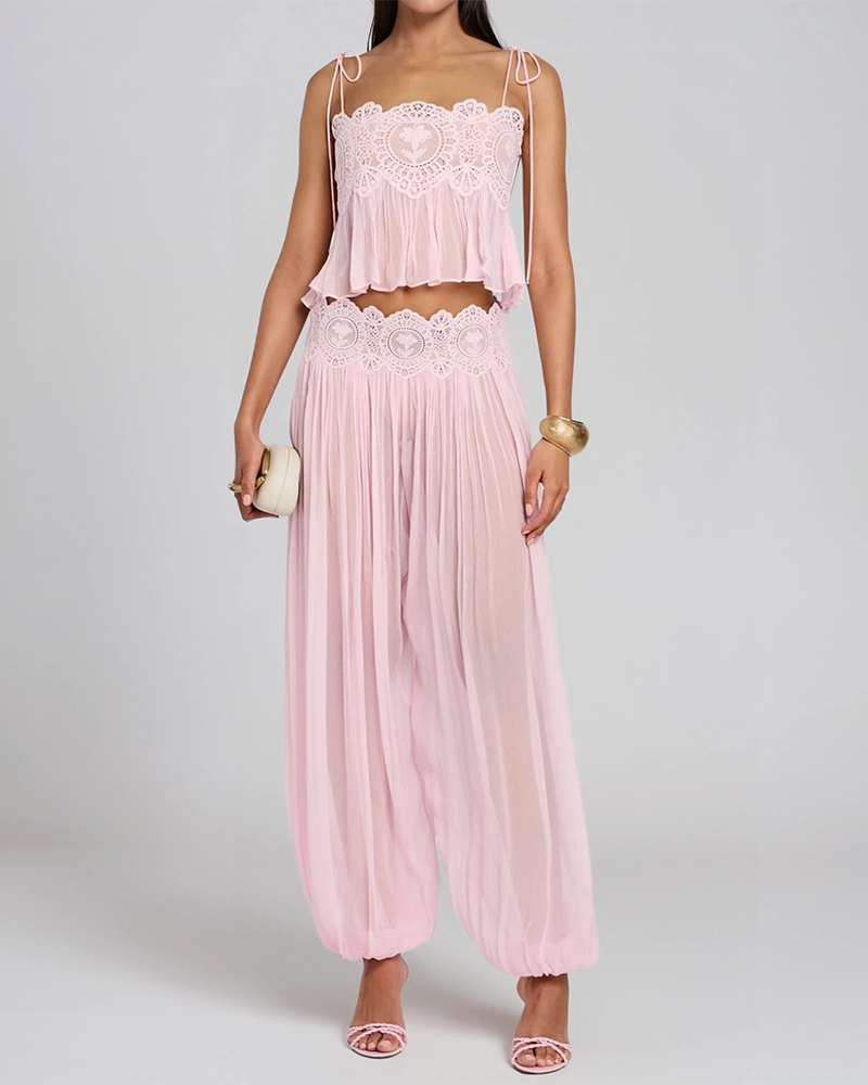 Brooklyn Pink Lace-Trimmed Pleated Cami Top & Harem Pants Set