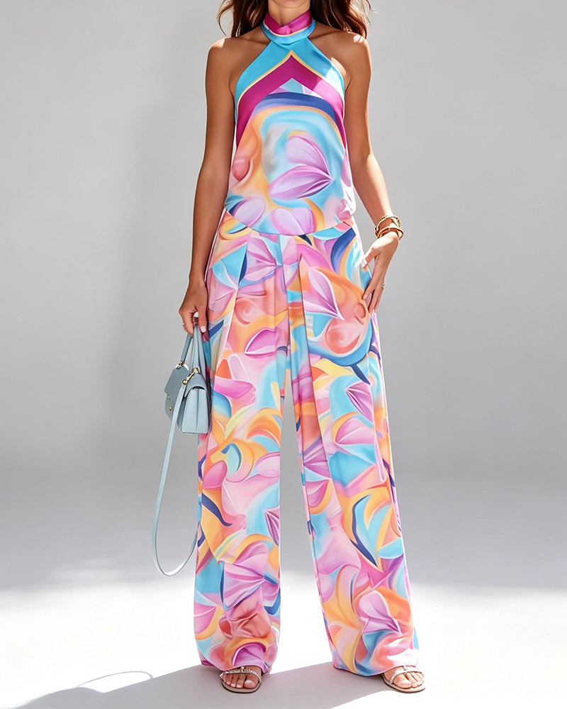 Roxana Pink Halter Top and Wide-Leg Trousers Two-Piece Set