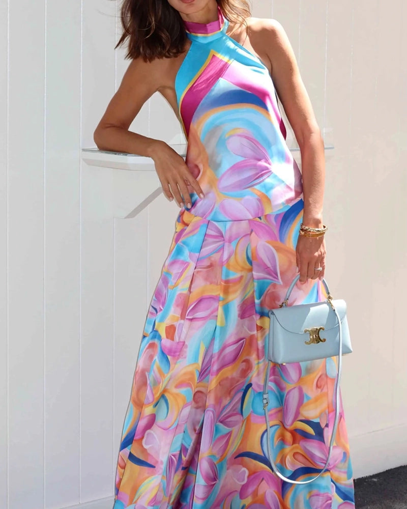 Roxana Pink Halter Top and Wide-Leg Trousers Two-Piece Set