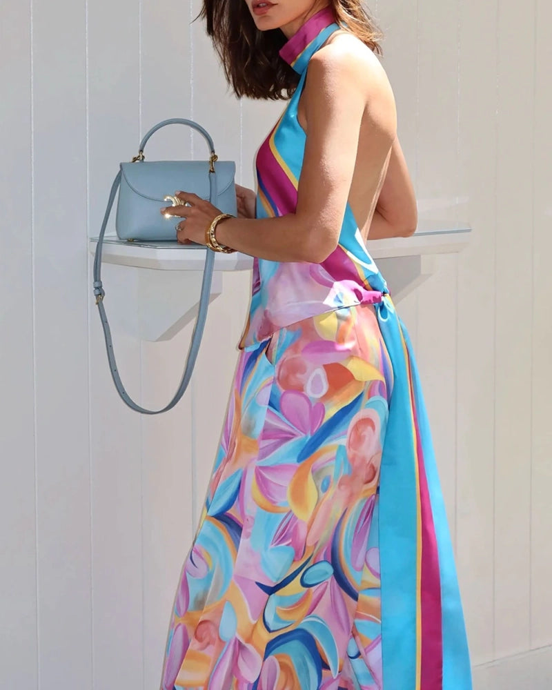 Roxana Pink Halter Top and Wide-Leg Trousers Two-Piece Set