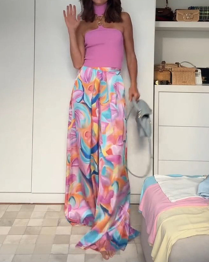 Veda Pink Halter Knit Top and Printed Wide-Leg Trousers Two-Piece Set