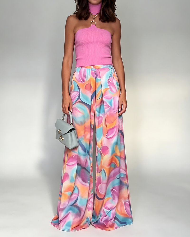Veda Pink Halter Knit Top and Printed Wide-Leg Trousers Two-Piece Set