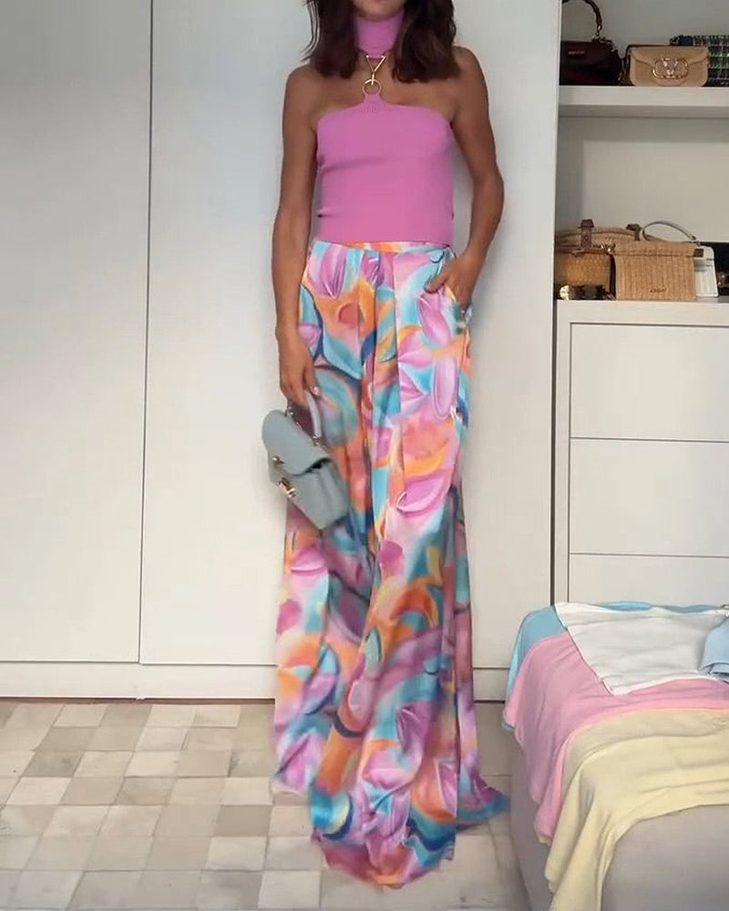 Veda Pink Halter Knit Top and Printed Wide-Leg Trousers Two-Piece Set