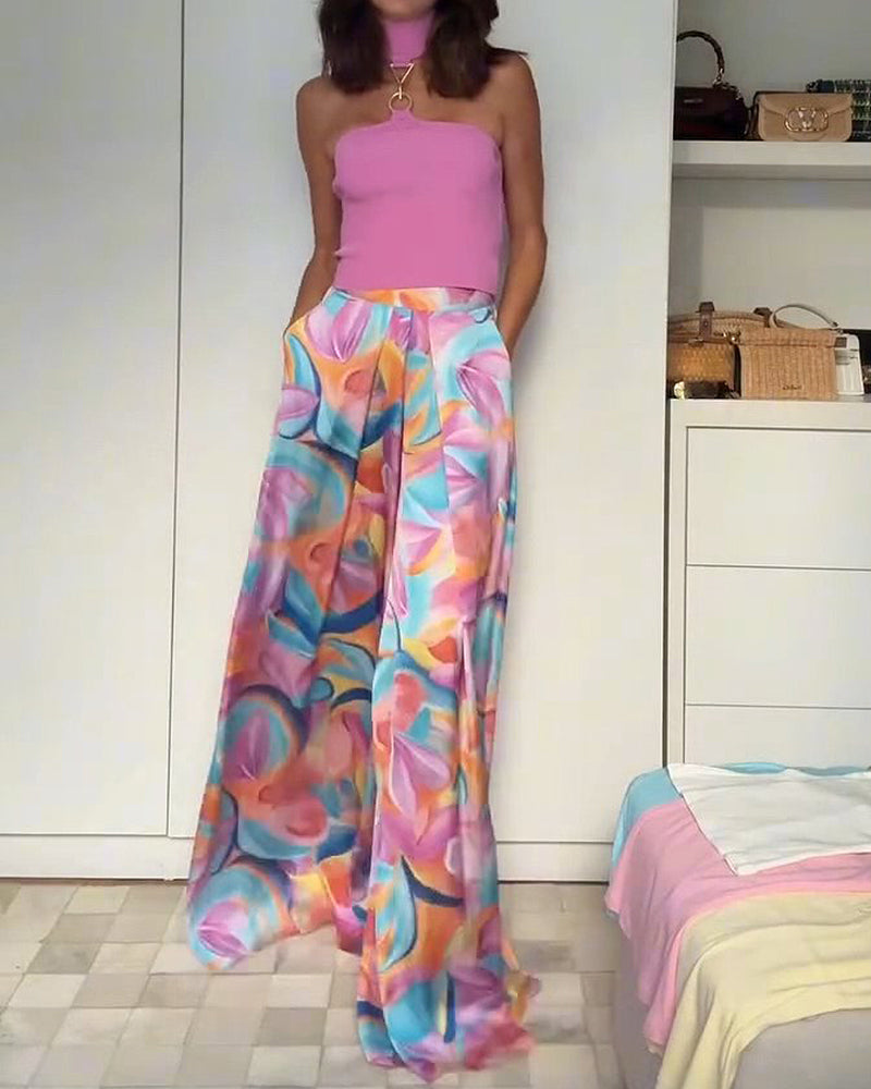 Veda Pink Halter Knit Top and Printed Wide-Leg Trousers Two-Piece Set