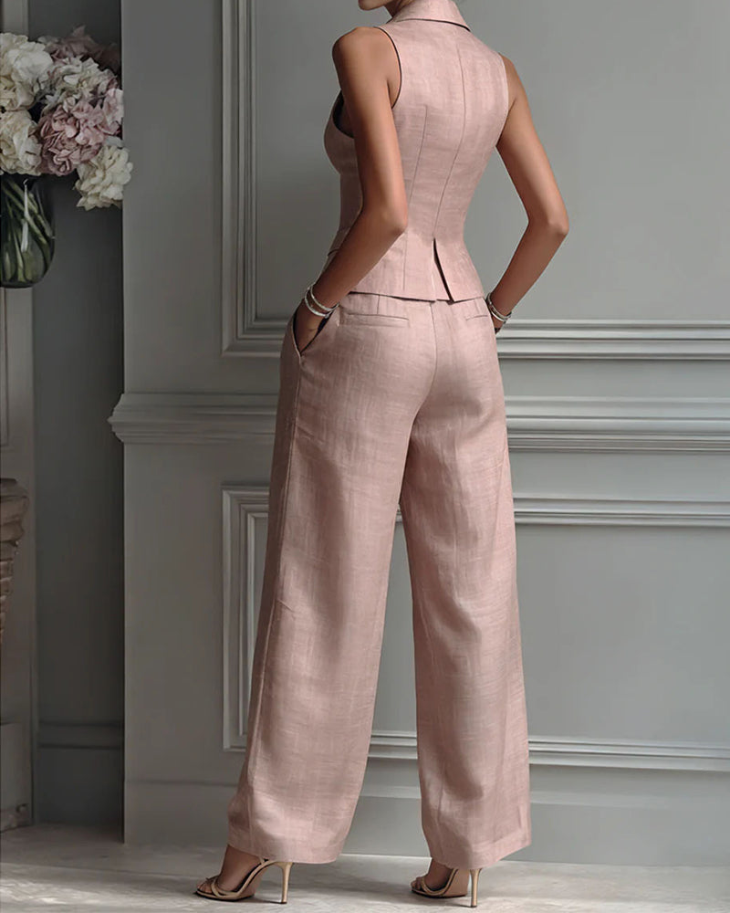 Rosalind Pink Lapel Sleeveless Vest & Wide-Leg Pants Two-Piece Set