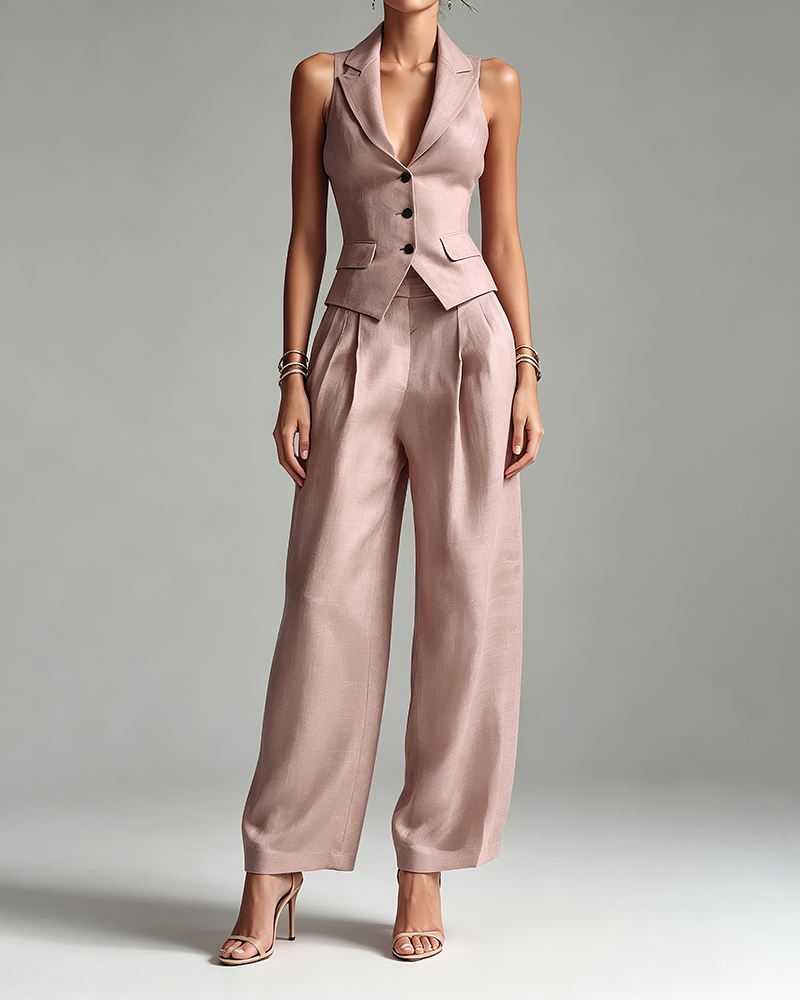Rosalind Pink Lapel Sleeveless Vest & Wide-Leg Pants Two-Piece Set