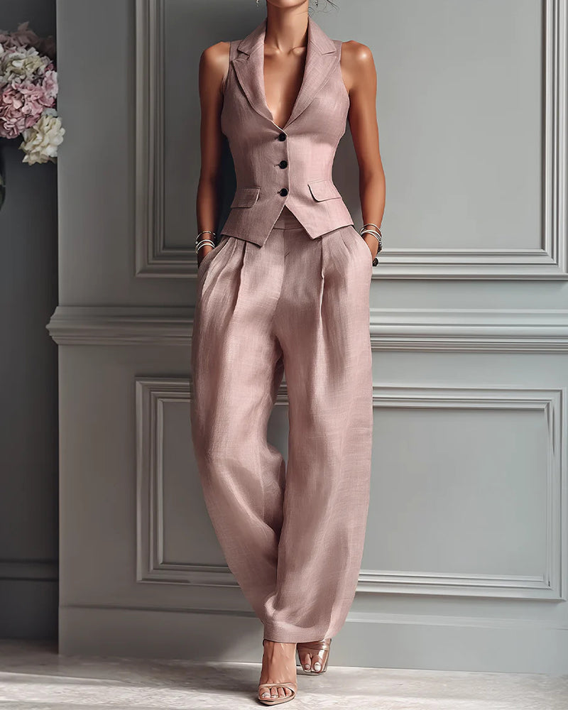 Rosalind Pink Lapel Sleeveless Vest & Wide-Leg Pants Two-Piece Set