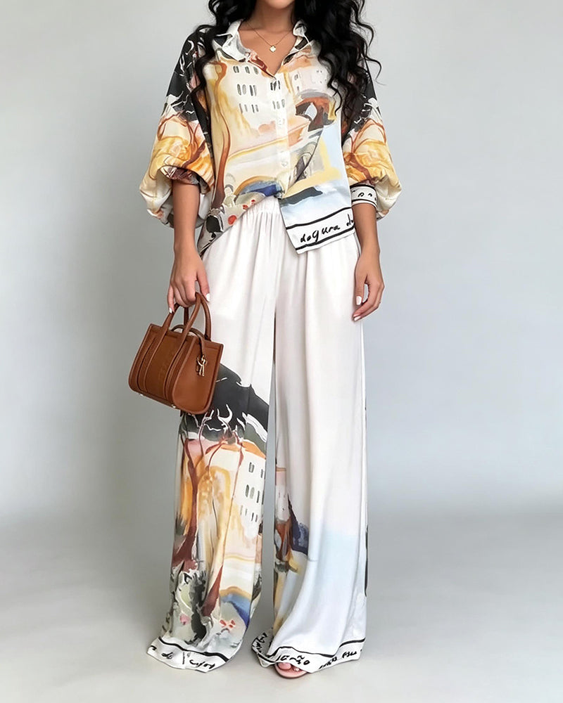 Solana White Art Print Puff Sleeve Shirt & Wide-Leg Pants Two-Piece Set
