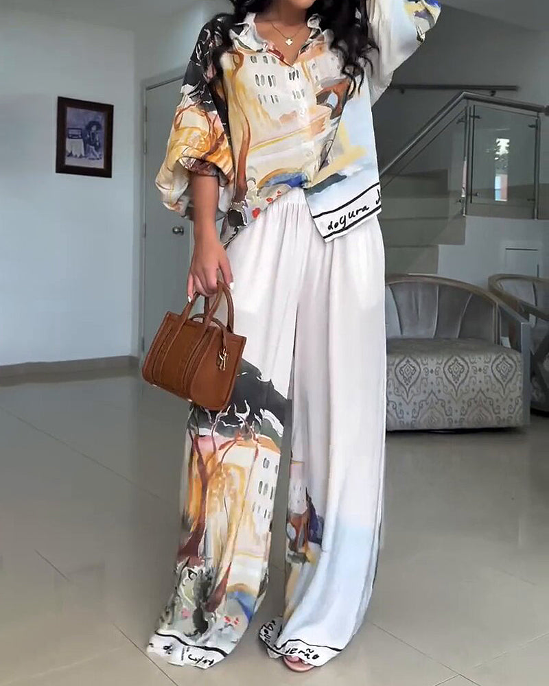 Solana White Art Print Puff Sleeve Shirt & Wide-Leg Pants Two-Piece Set