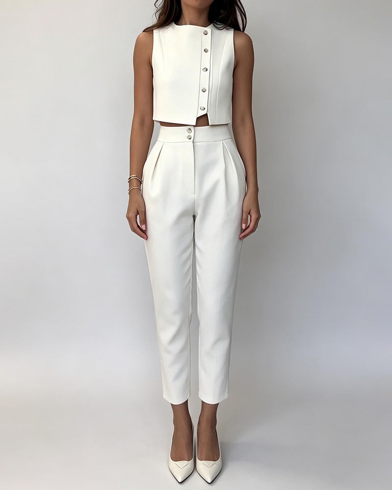 Elara White Stand Collar Sleeveless Vest & Pleated Cropped Pants Two-Piece Set
