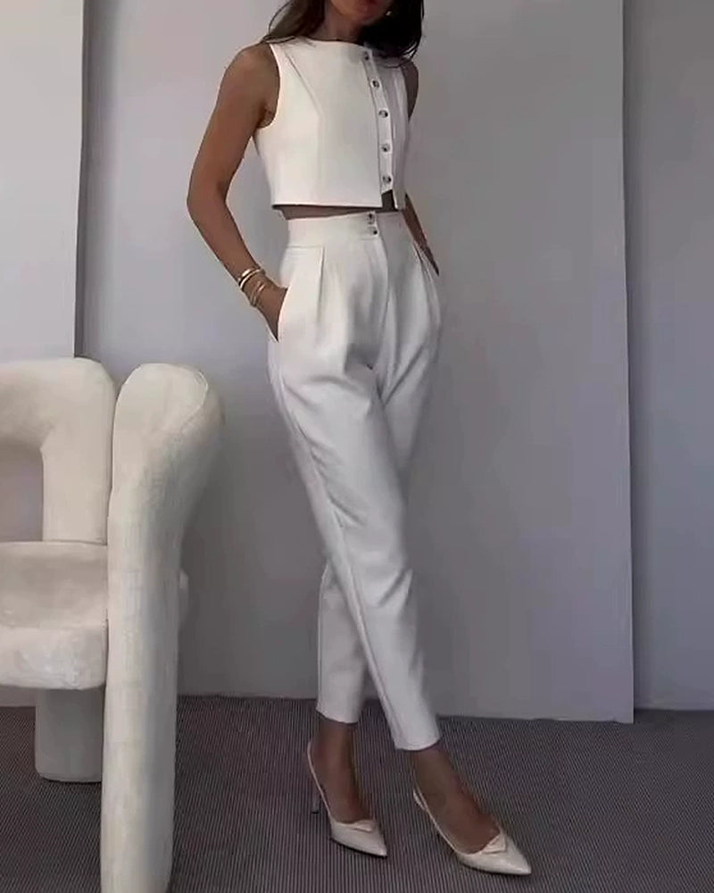 Elara White Stand Collar Sleeveless Vest & Pleated Cropped Pants Two-Piece Set