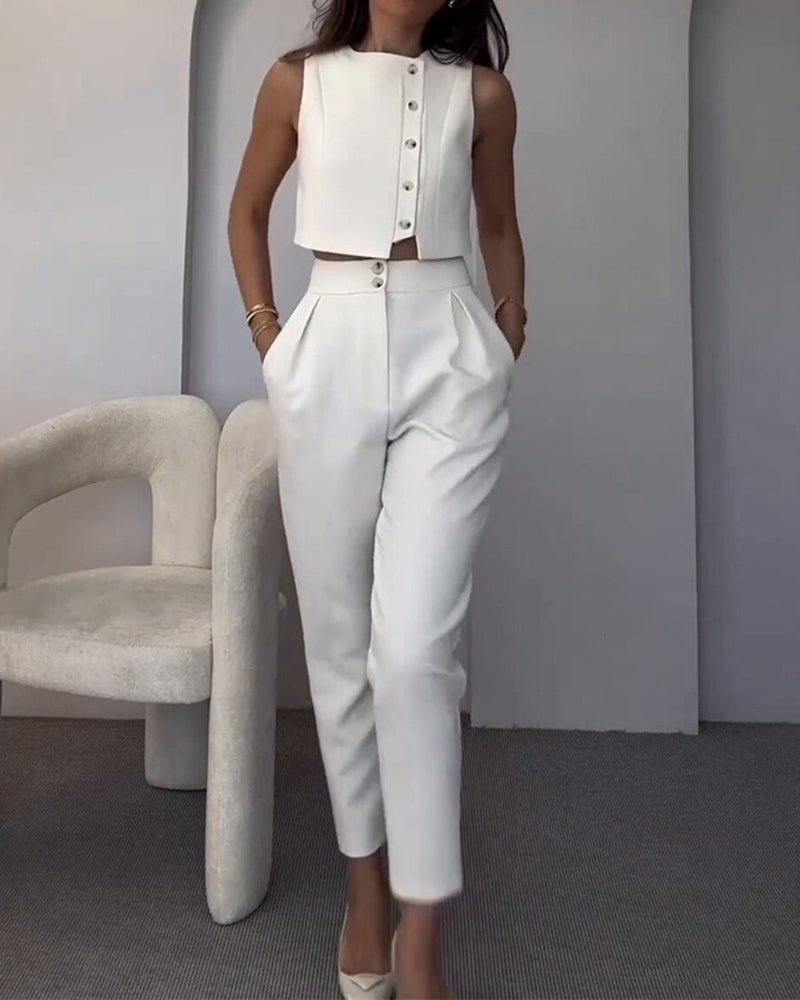 Elara White Stand Collar Sleeveless Vest & Pleated Cropped Pants Two-Piece Set