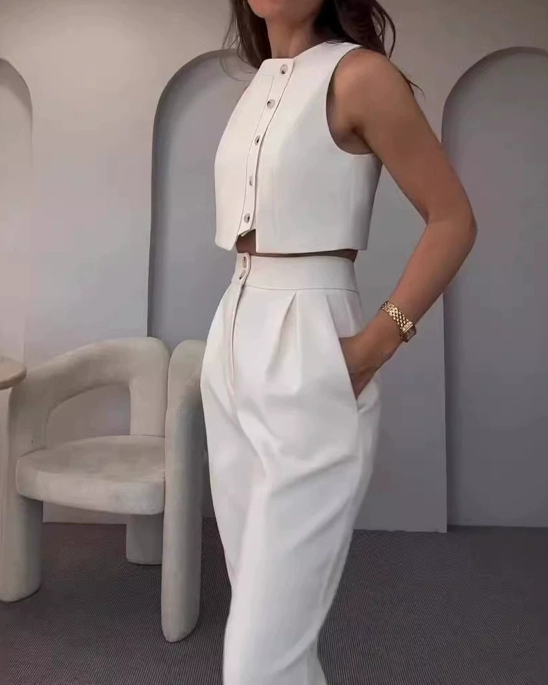 Elara White Stand Collar Sleeveless Vest & Pleated Cropped Pants Two-Piece Set
