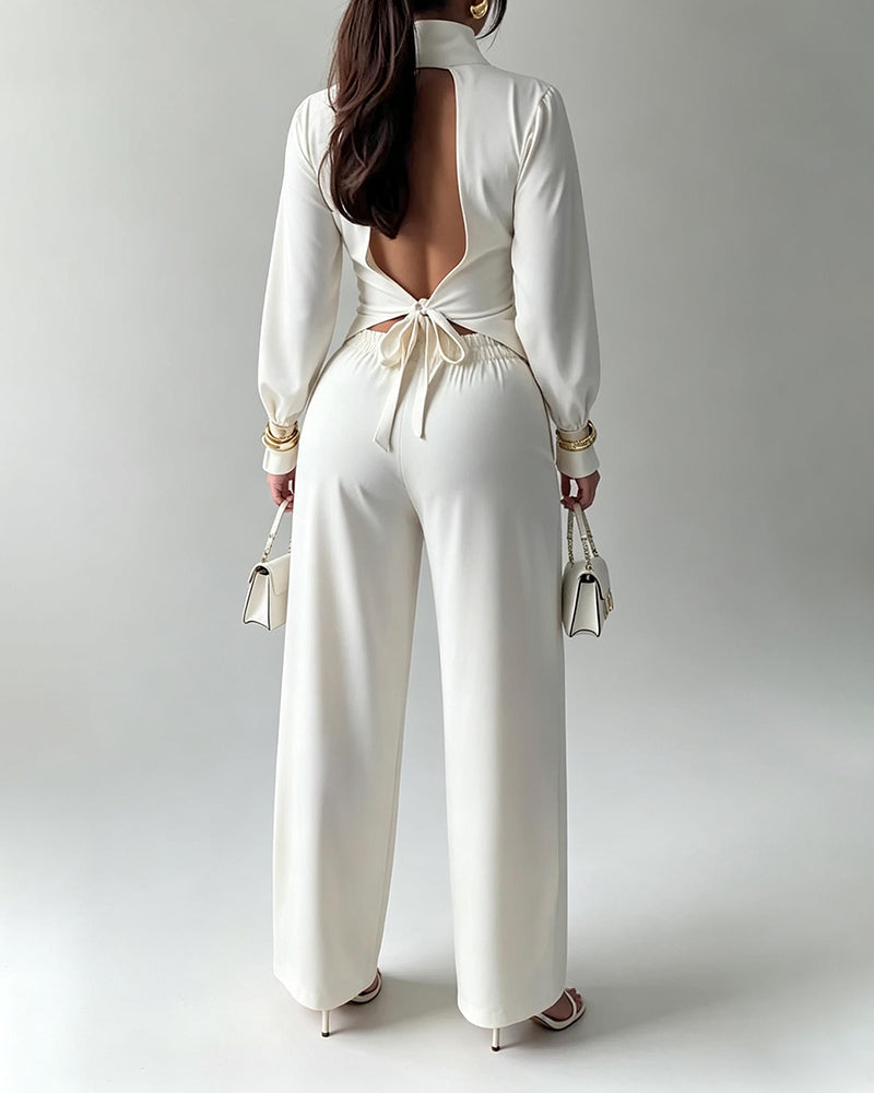 Estelle White Stand Collar Twisted Top & Wide-Leg Pants Two-Piece Set
