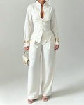 Estelle White Stand Collar Twisted Top & Wide-Leg Pants Two-Piece Set