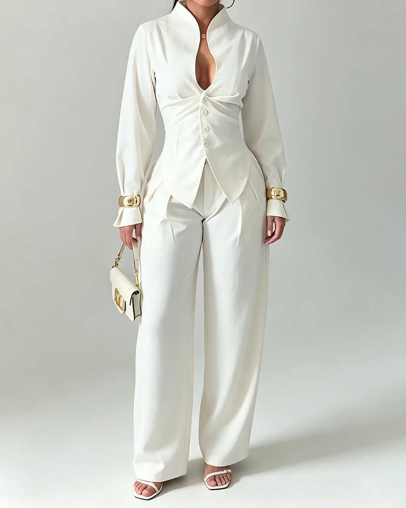 Estelle White Stand Collar Twisted Top & Wide-Leg Pants Two-Piece Set