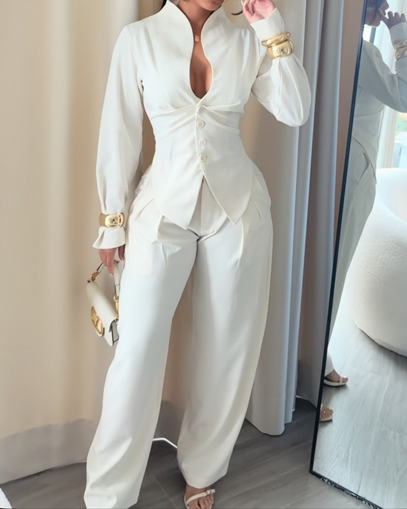 Estelle White Stand Collar Twisted Top & Wide-Leg Pants Two-Piece Set