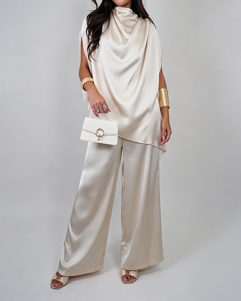 Natasha White Draped Satin Two-Piece Pant Suit