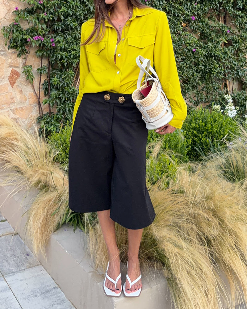Rhiannon Yellow Utility Shirt and Buttoned Culottes Two-Piece Set