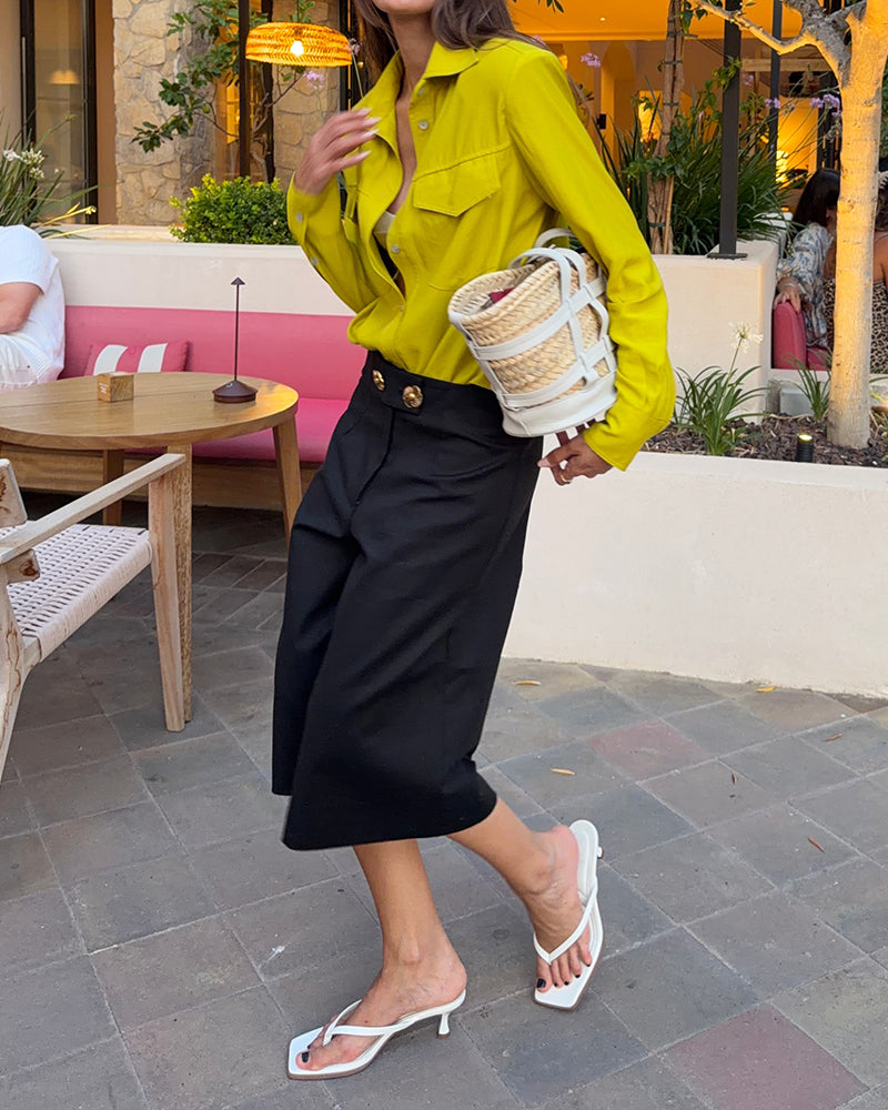 Rhiannon Yellow Utility Shirt and Buttoned Culottes Two-Piece Set