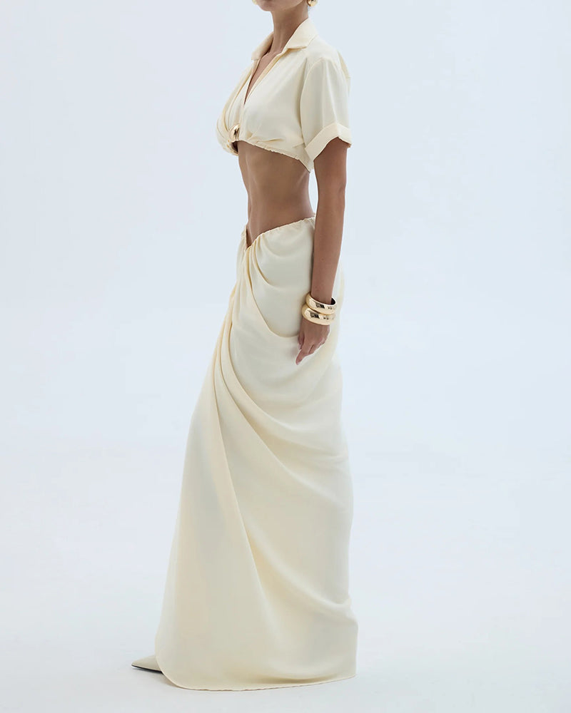 Xanthe Beige Cropped Shirt & Draped Slit Maxi Skirt Two-Piece Set