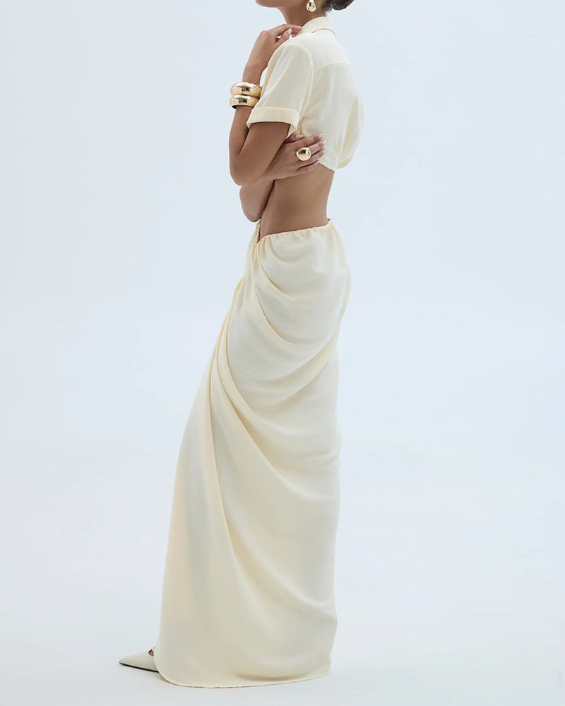 Xanthe Beige Cropped Shirt & Draped Slit Maxi Skirt Two-Piece Set