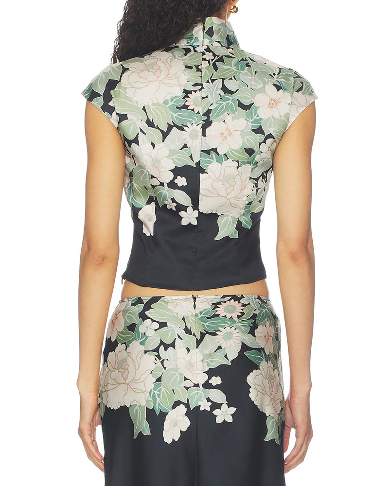 Zuri Black Floral Print High-Neck Top & Midi Skirt Set