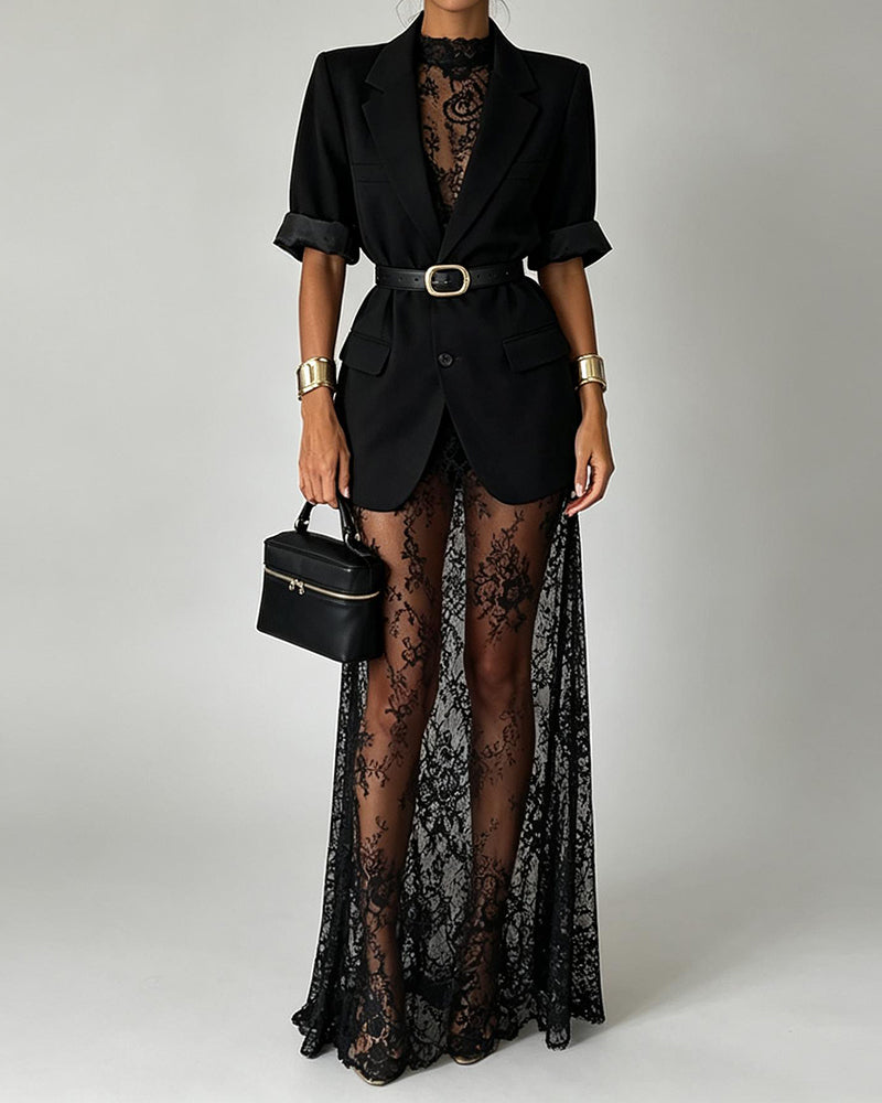 Talia Black Blazer & Sheer Lace Maxi Dress Two-Piece Set