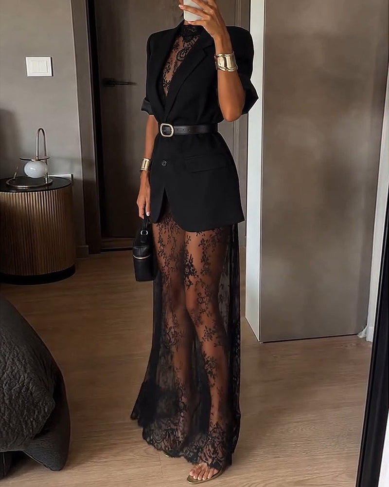 Talia Black Blazer & Sheer Lace Maxi Dress Two-Piece Set