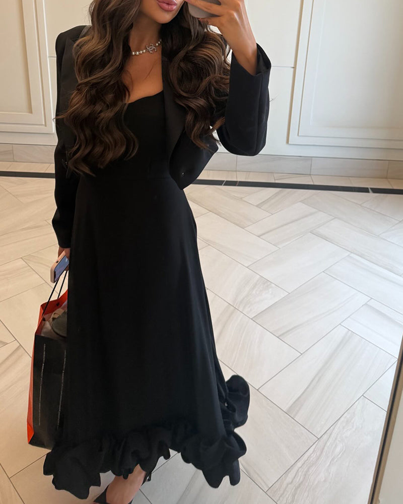 Cassandra Black Black Lapel Blazer and Midi Dress Set