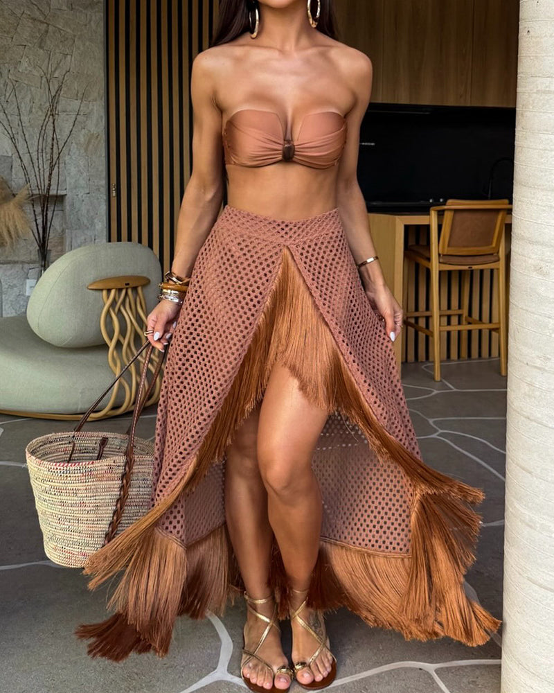 Isadora Brown Strapless Bandeau and Open-Knit Fringe Maxi Skirt Three Piece Set