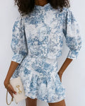 Noelle Blue Puff Sleeve Blouse & Pleated Mini Skirt Set