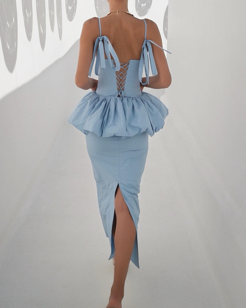 Nalani Blue Cut-Out Bow Peplum & Column Midi Skirt Two-Piece Set