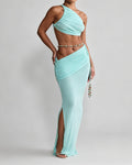 Mariela Blue One-Shoulder Crop Top and Ruched Maxi Skirt Two-Piece Set