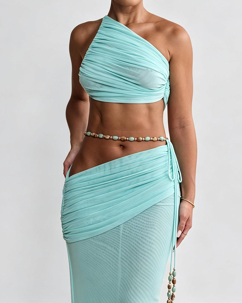 Mariela Blue One-Shoulder Crop Top and Ruched Maxi Skirt Two-Piece Set