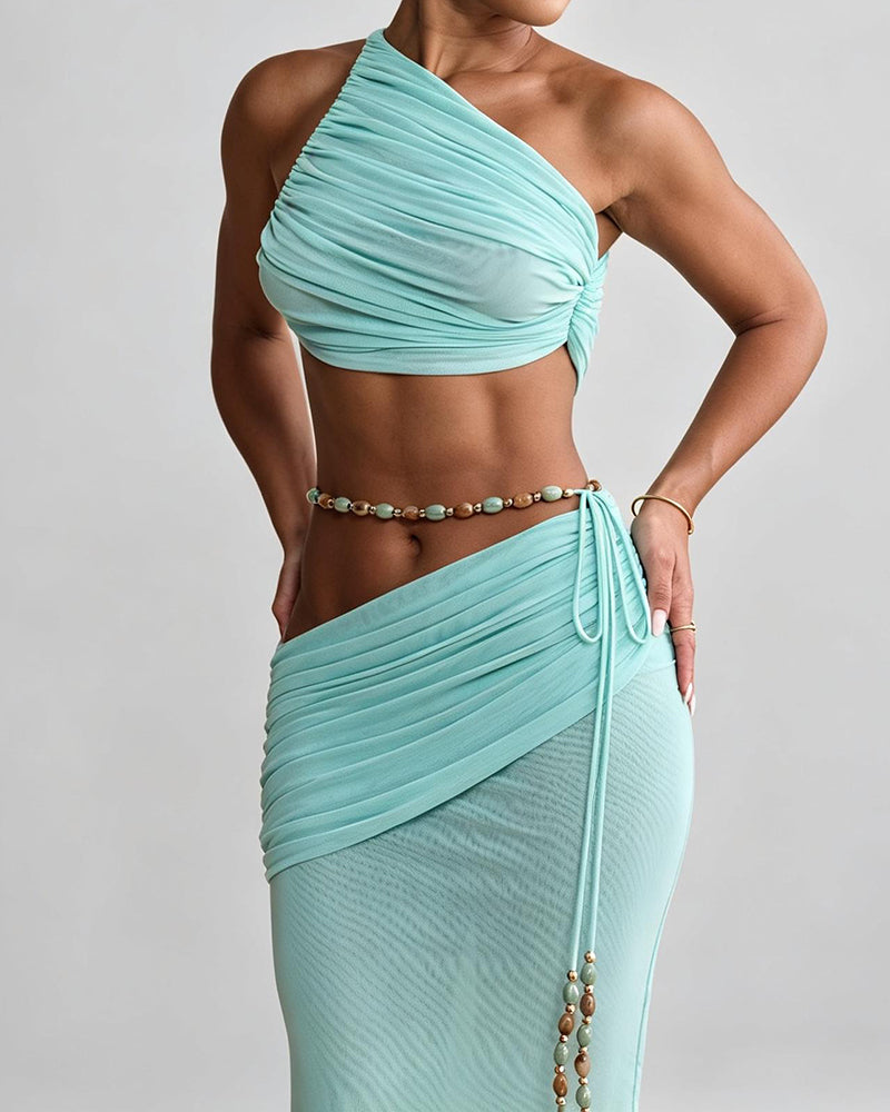 Mariela Blue One-Shoulder Crop Top and Ruched Maxi Skirt Two-Piece Set