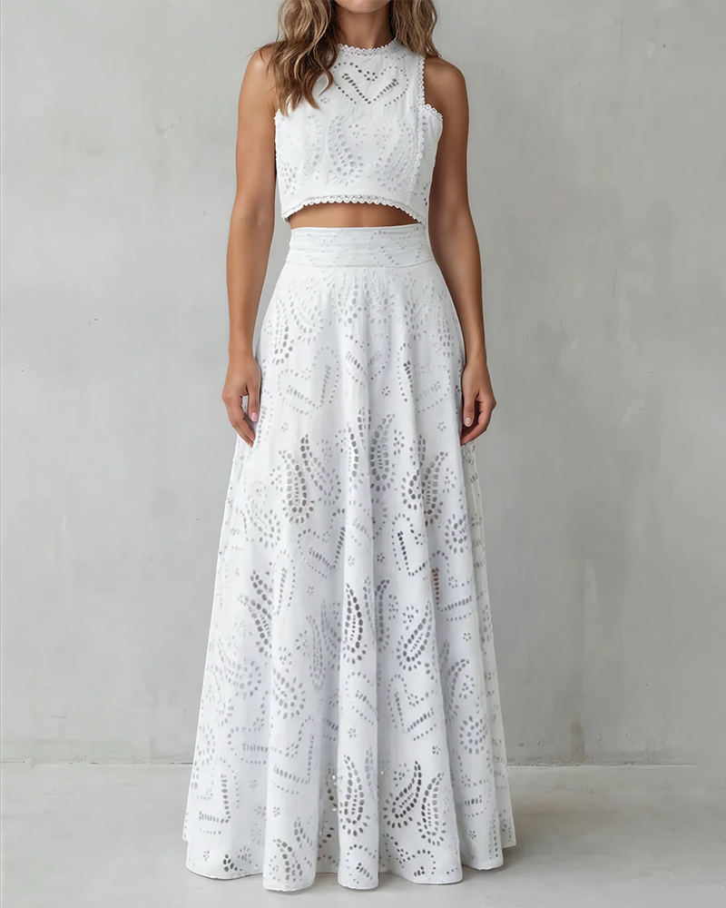 Natalie Blue Sleeveless Eyelet Embroidery Two-Piece Maxi Set