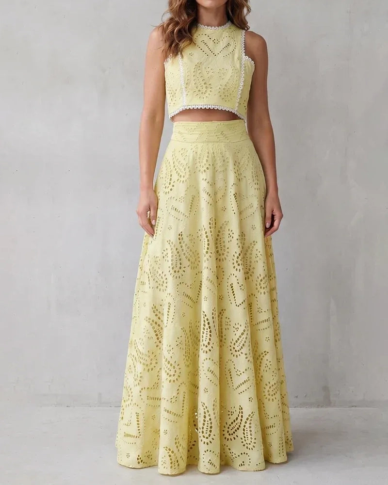 Natalie Blue Sleeveless Eyelet Embroidery Two-Piece Maxi Set