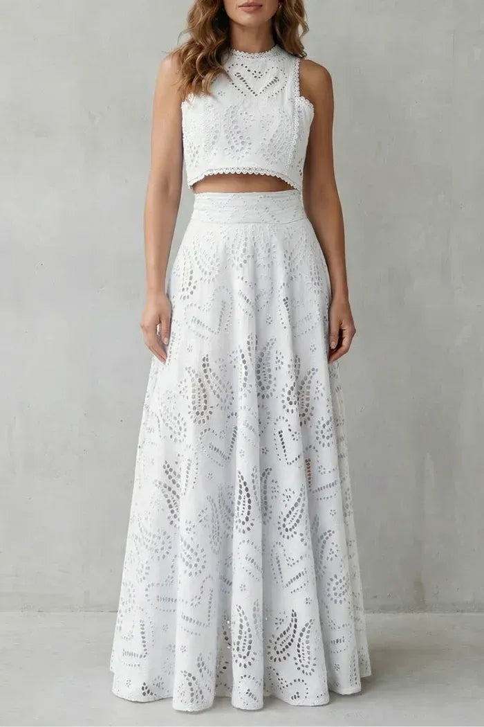 Natalie Blue Sleeveless Eyelet Embroidery Two-Piece Maxi Set