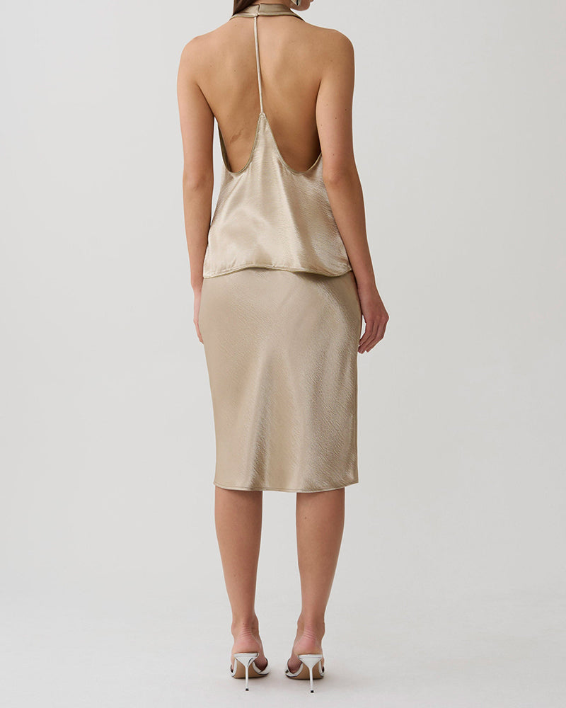 Magnolia Gold Satin Halter Top and Midi Skirt Two-Piece Set