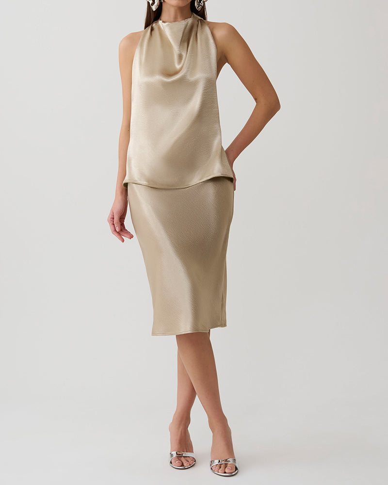 Magnolia Gold Satin Halter Top and Midi Skirt Two-Piece Set