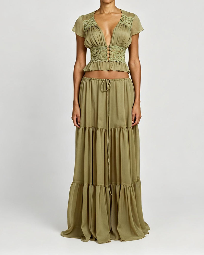 Waverly Green Lace-Trimmed Crop Top & Tiered Maxi Skirt Two-Piece Set